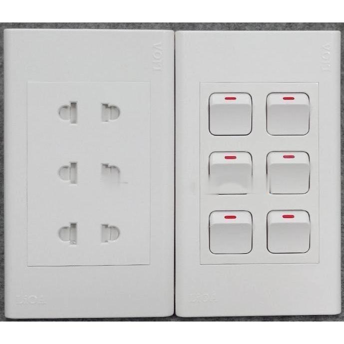 Combo ổ cắm điện ba 2 chấu LiOA 16A 3520W + 6 công tắc điện - Lắp nổi/