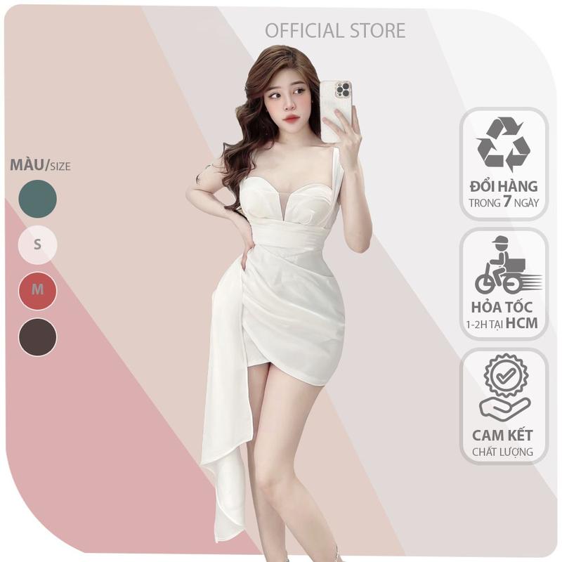 Đầm Body Hai Dây Nhún Đắp Chéo Nơ Eo - Vải Lụa Dày - Cho Nàng Đi Tiệc -NV387