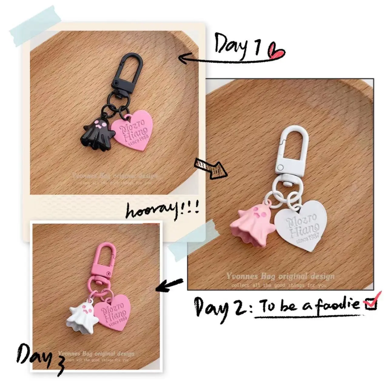 Door Latch 784 Cute Personality Sweet Cool Little Ghost Ghost Love Ornaments Pink Black round Buckle Pendant Key Ring