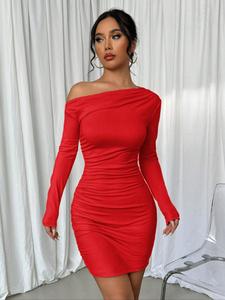 Vestido ajustado de cuello asimétrico fruncido para mujer, elegante vestido corto de manga larga para fiestas, club y citas, Ropa de mujer para primavera y otoño