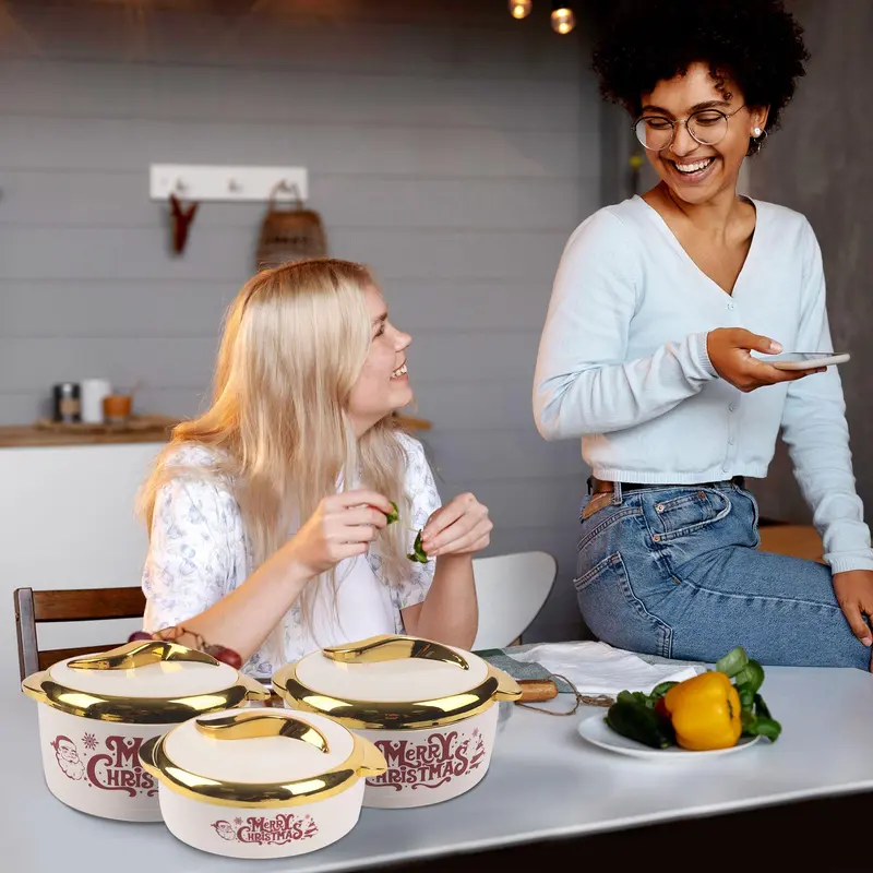 Christmas Themed Food Warmer Set, 3 Counts/set Including 1.5L/2L/2.5L Thermal Casserole Dish with Lid, Insulated Stainless Steel Container for Hot & Cold Food 7