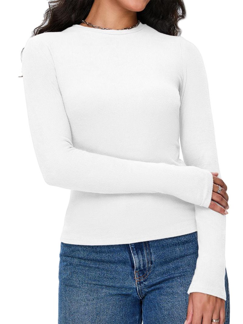 Product Introduction of Women's Plain Ribbed Long Sleeve Crew Neck Tee, Casual Solid Color T-shirt for Spring & Fall, Women's Top for Daily Wear 4