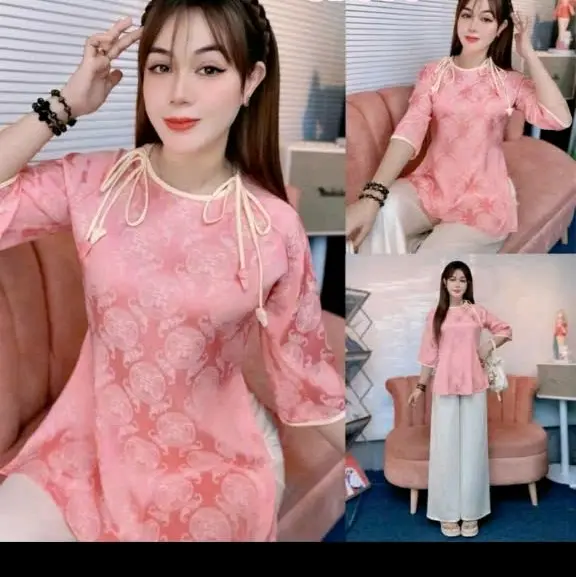 1sét  đồ lam GẤM  cổ tròn  tay lơ vạt bầu. quần  phổi. ( SANG SANG SHOP) Top Áo 5