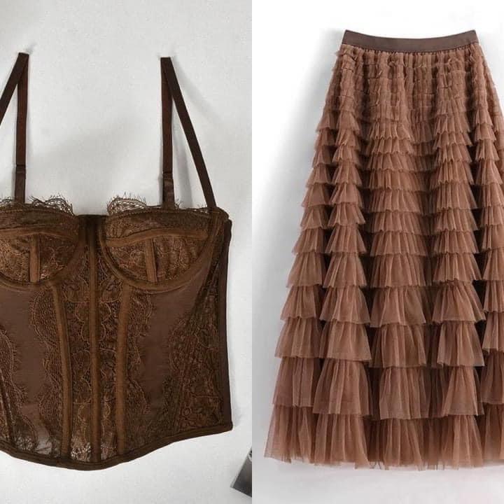  Set Áo  Chân Váy cooset phốt ren xương cá Hàng Quảng Châu Kèm Ảnh Thật 