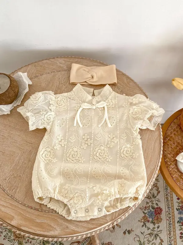 Baby Floral Embroidery Short Sleeve Jumpsuit, Cute Romper for Baby Girls, Newborn Infant Kids Summer Clothes 3