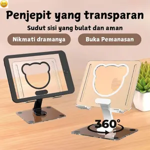 360° Rotation Tablet Desktop Stand, Dudukan Meja Transparan untuk Tablet/Smartphone, Tempat HP Desktop, Holder Tablet Lipat AluminiumPonselPenyangga