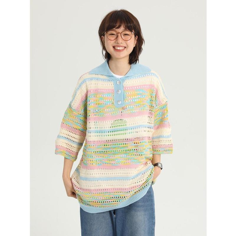 【Xả Hàng Áo Polo Nam Nữ Dệt Lưới Cầu Vồng Sọc Dáng Rộng Top Voi