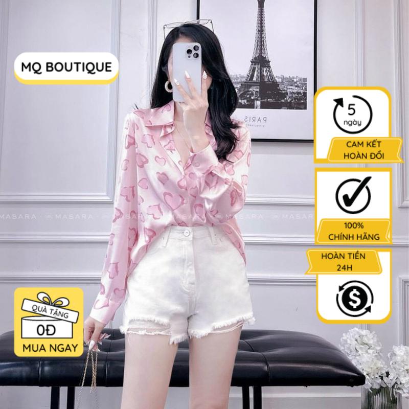  Áo lụa sơ mi dài tay công sở họa tiết trái tim hồng nền hồng sang trọng cao cấp áo sơmi họa tiết thiết kế MQ Boutique 