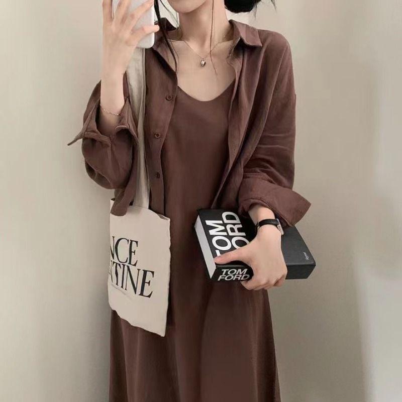 Bộ Đồ Hai Mảnh, Phong Cách Hàn Quốc Sang Trọng, Phong Cách Pháp, Cổ Điển Và Thanh Lịch, Trẻ Trung Và Gợi Cảm, Váy Hai Dây, Áo Khoác Sơ Mi, Dành Cho Nữ, Thích Hợp Cho Mùa Hè 1