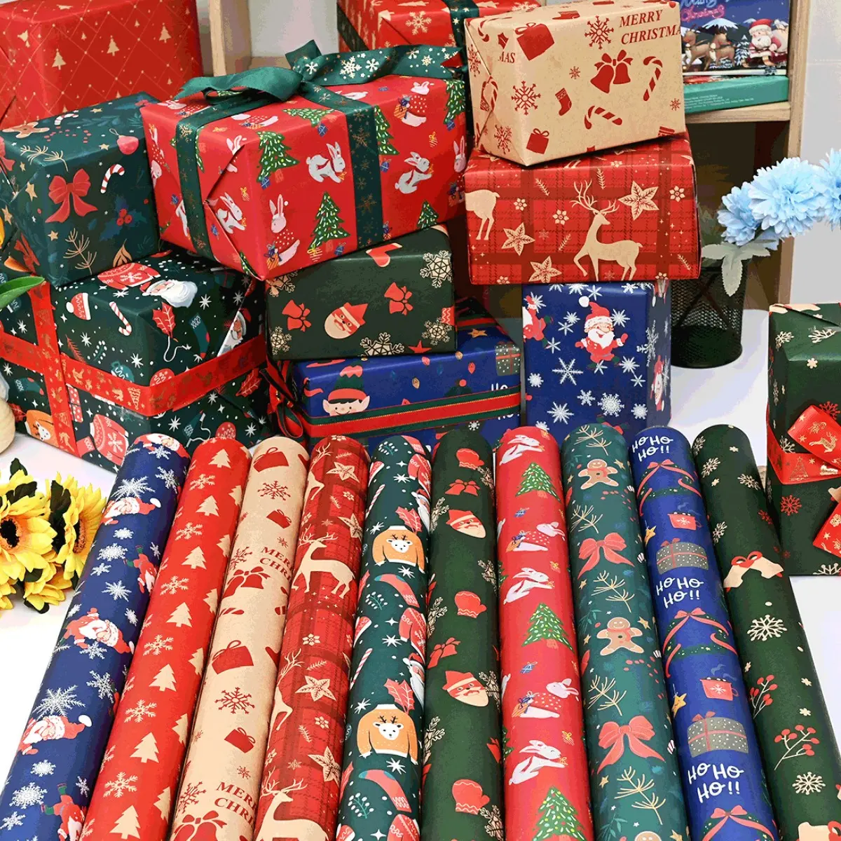 Christmas Kraft Wrapping Paper Large Size Self-Adhesive DIY Vintage Xmas Packing Supplies New Year Party Packaging Decor