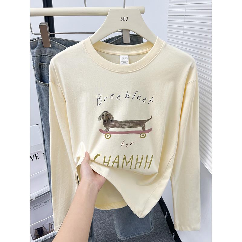 Áo Thun Cotton Nguyên Chất, Cổ Tròn, Dài Tay, Dành Cho Nữ, Hàng Mới Về Mùa Thu 2024, Phong Cách Thời Trang Hàn Quốc, In Hình Trẻ Trung, Dáng Rộng Vừa Vặn, Quần Áo Đáy 0