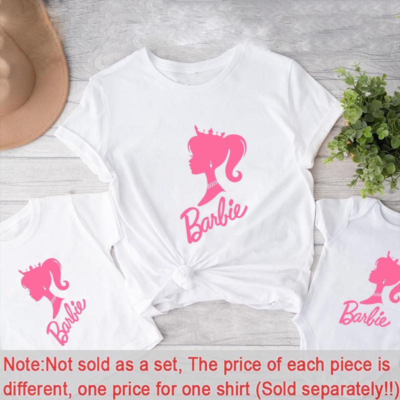 Product Introduction of Barbie Girl Print Family Matching Clothes Summer Mom and Me Parent Child T-shirt Girl Short Sleeve Tee Tops White/Pink/Black Baby Romper 36