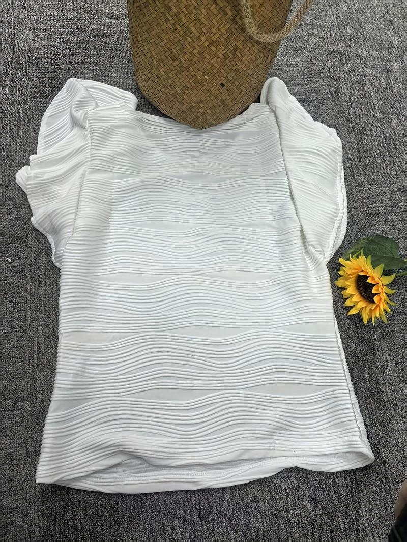 Product Introduction of Women's Plain Butterfly Sleeve Tee, Casual Cap Sleeve Round Neck Top for Summer, Women's Top for Daily Wear 4