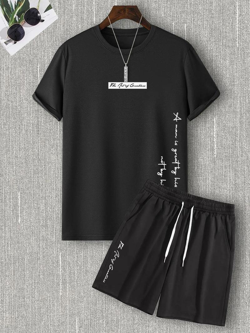 Product Introduction of Two-Piece Set Men's Letter Print Tee & Drawstring Pocket Shorts Set, Regular Fit Casual Short Sleeve T-Shirt & Shorts, Men Summer Outfits 2024 5