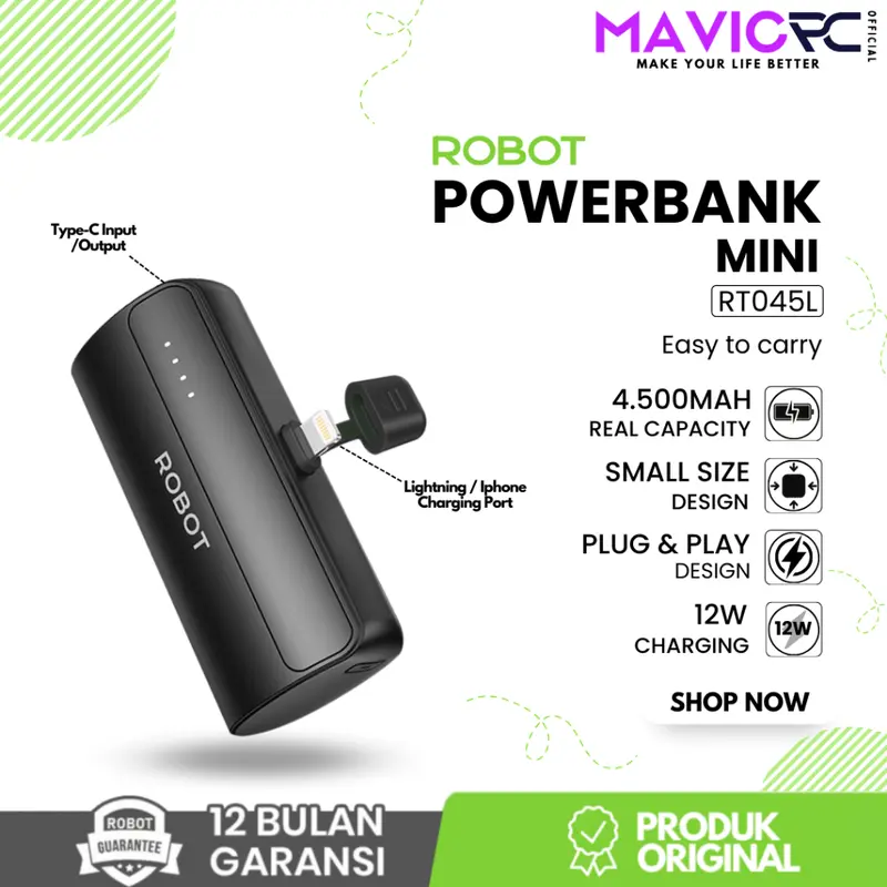 ROBOT RT045L / RT045C Powerbank Mini Real Capacity 4500mah Port Lightning & Type-C  Smart Power bank Built-in Cable - Garansi Resmi 1 Tahun 6
