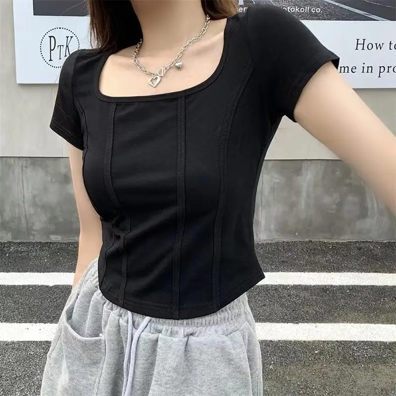 Áo Thun Cổ Vuông Bất Đối Xứng ngắn Tay Dành Cho Nữ, Áo Crop Top Trơn Màu Women Ren