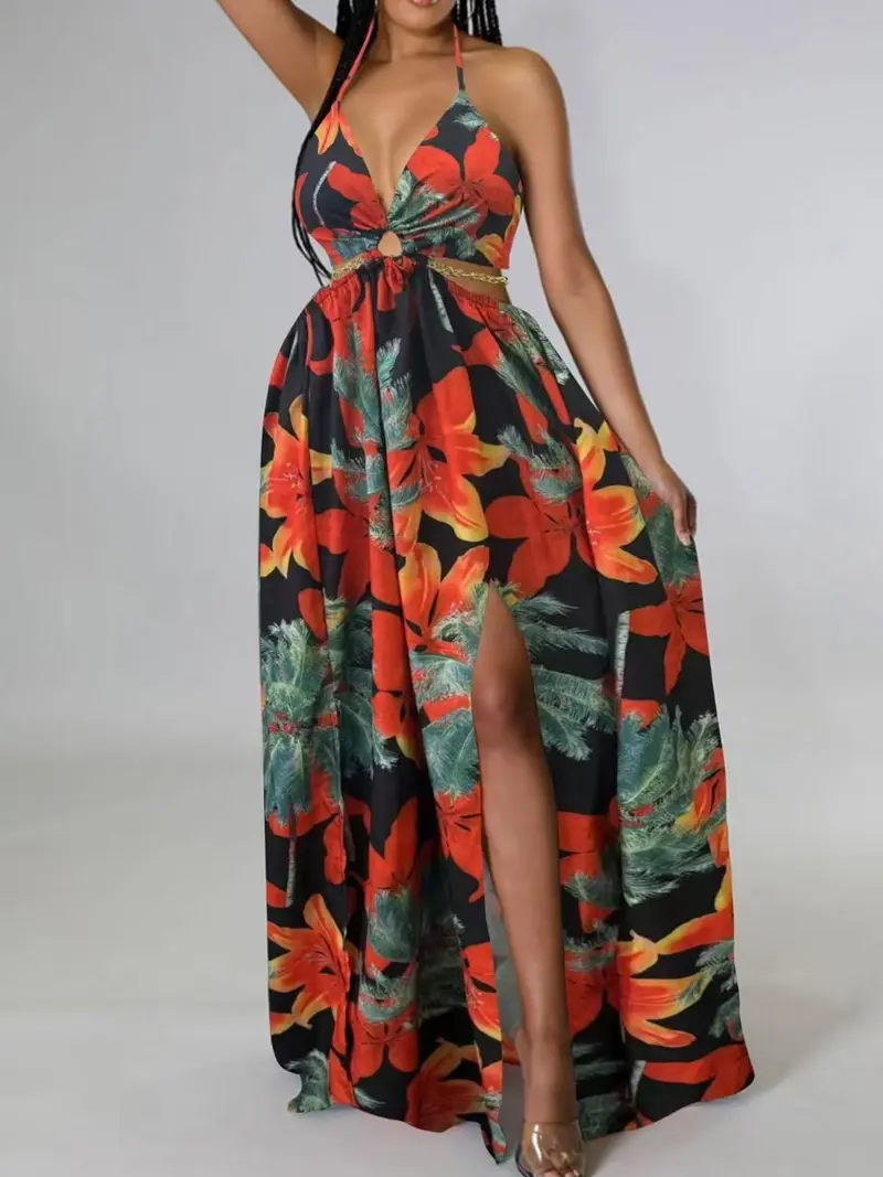 Trendy Dresses Summer Clothes Fashion Nova Mint Floral Chiffon Maxi Dress  With Open Back Maxi Dresses