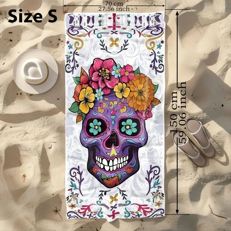 Skull & Floral Pattern Beach Towel, Soft Absorbent Towel, Rectangular Towel for Travel, Yoga, Swimming, Fitness, Picnic 2