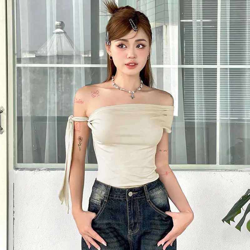 Women's One Shoulder Tops Slim Solid Color Ruched Slash Neck Tie-Up Short Sleeve Crop T-Shirt for Summer