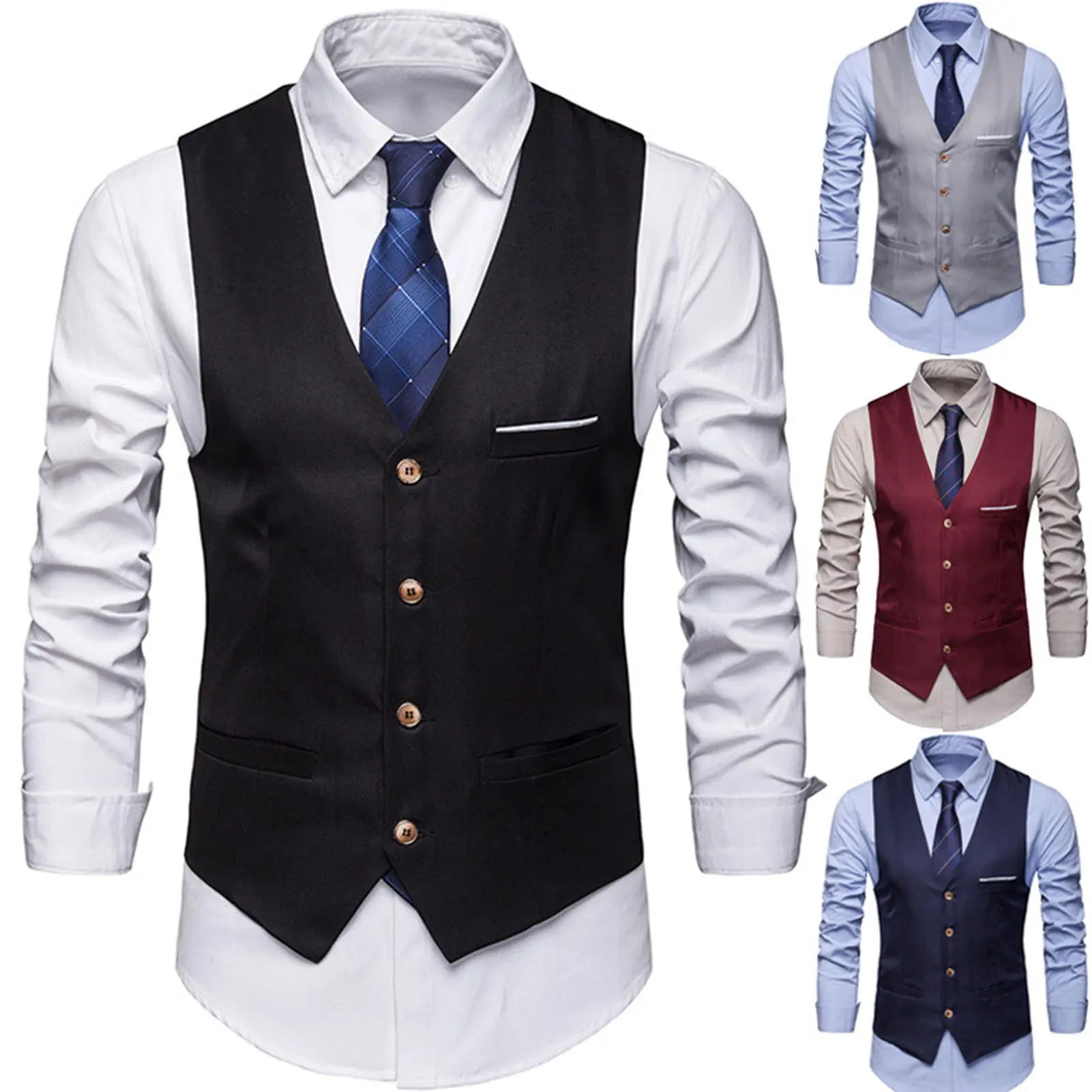Áo Ghi Lê Có Túi Có Thể Tháo Rời Cho Nam, Bộ Đồ Có Dải Màu Trắng, Áo Vest Màu Trơn Cổ Điển, Áo Ghi Lê Công Sở, Quần Áo Bảo Hộ Lao Động