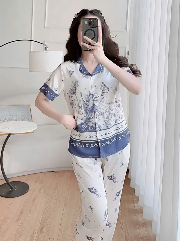 Bộ đồ mặc nhà CLOVER, bộ đồ thiết kế tay cộc quần dài phối họa tiết Mèo Sang Trọng và lịch sự BPCL24011 Ong Nữ Nữ Áo 3