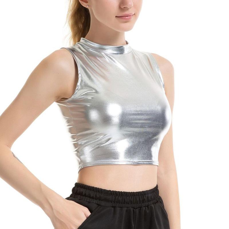 Áo Crop Top Giả Da, Dành Cho Nữ, Lấp Lánh, Phong Cách Wetlook, Cổ Lừa, Thích Hợp Cho Trang Phục Khiêu Vũ Và Trang Phục Câu Lạc Bộ, Áo Ba Lỗ Women 3