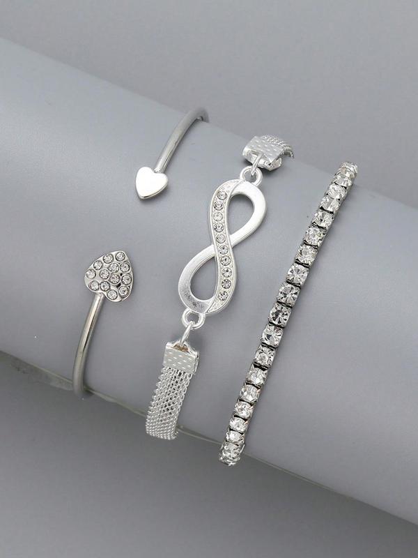 3pcs/set Women's Minimalist Elegant Rhinestone Decorated Heart Design Bracelets Bangle, Fashion Accessories for Party, All-match Fashion Jewelry for Daily Wear, Girls Birthday Gift, Valentine's Day, Gift, Bracelets Stack 2