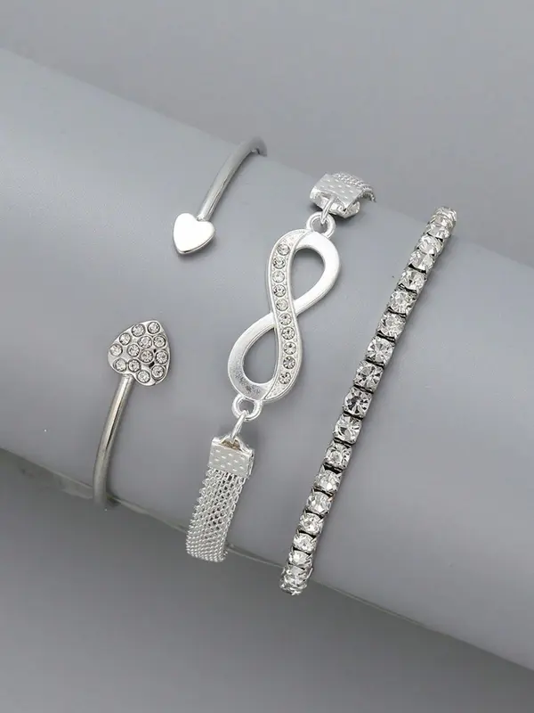 3pcs/set Women's Minimalist Elegant Rhinestone Decorated Heart Design Bracelets Bangle, Fashion Accessories for Party, All-match Fashion Jewelry for Daily Wear, Girls Birthday Gift, Valentine's Day, Gift, Bracelets Stack 2