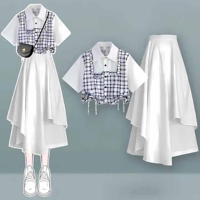 hàng có sẵn CÓ TÁCH LẺ Set áo chân váy dài ANNA HOUSE Preppy-Bộ Đồ Hai Mảnh Cho Nữ Phong Cách Trẻ Trung Ngọt Ngào Thiết Kế Đẹp Áo Sơ Mi Váy Không Đều Mùa Hè Thu Mới