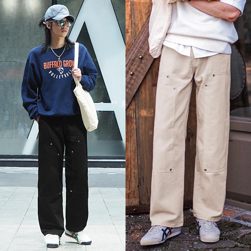 Quần Kaki Ống Suông Unisex Double Knee Reetro - Be Rêu Kaki