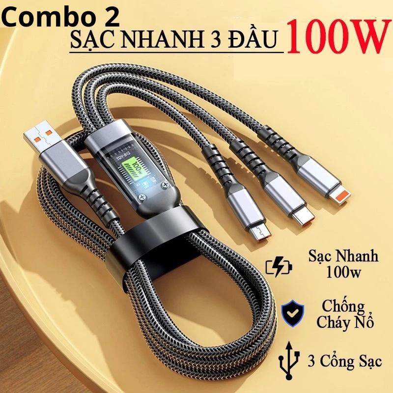 Combo 2 Dây Cáp Sạc Nhanh 3 Đầu 100W Hỗ Trợ Sạc Nhanh 3 Trong 1 Với Độ Dài 1m2 An Toàn Tiện Lợi Phụ Kiện Sạc Điện Thoại