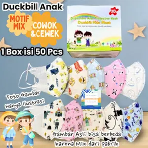 Masker Duckbill Anak 3Ply - Mix Motif Isi 50 pcs | Masker Anak Lembut & Nyaman, Earloop Elastis RTS
