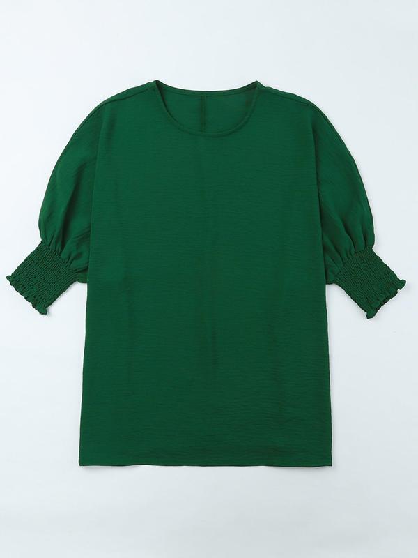 Women's Solid Shirred Batwing Sleeve Chiffon Blouse, Casual Round Neck Long Sleeve Top For Spring & Fall, Women's Clothes For Daily Wear 5