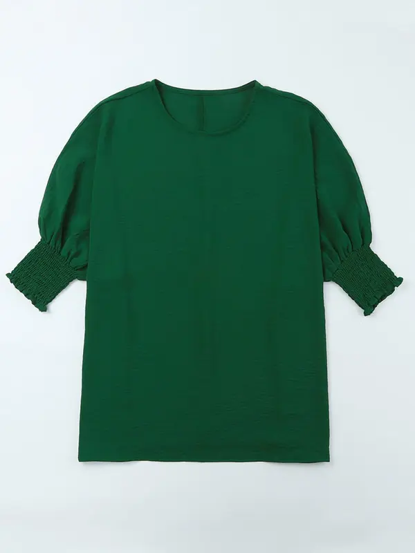Women's Solid Shirred Batwing Sleeve Chiffon Blouse, Casual Round Neck Long Sleeve Top For Spring & Fall, Women's Clothes For Daily Wear 5