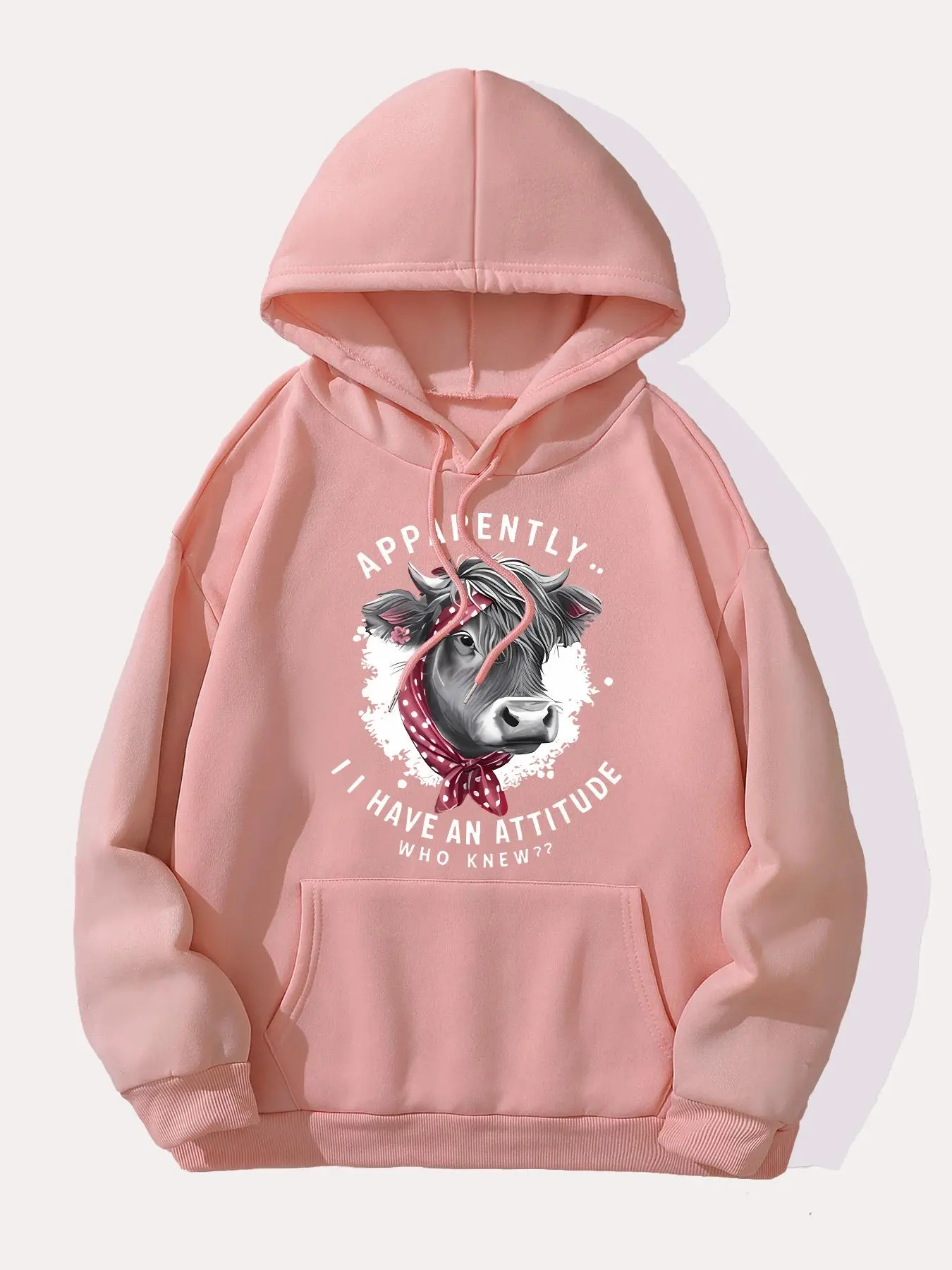 Women's Cow & Letter Print Drop Shoulder Hoodie, Fashion Casual Drawstring Pocket Hooded Sweatshirt for Daily Holiday Outdoor Wear, Women Clothing for Fall & Winter