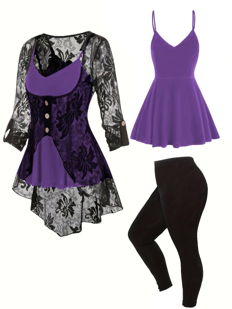 Product Introduction of Plus Size Three-piece Set Backless Peplum Cami Top & Fake Buttons Sheer High Low Contrast Lace Blouse & Skinny Pants, Year-round Three Piece Outfits, Summer Clothes, Co Ord Set, Plus Clothing 5