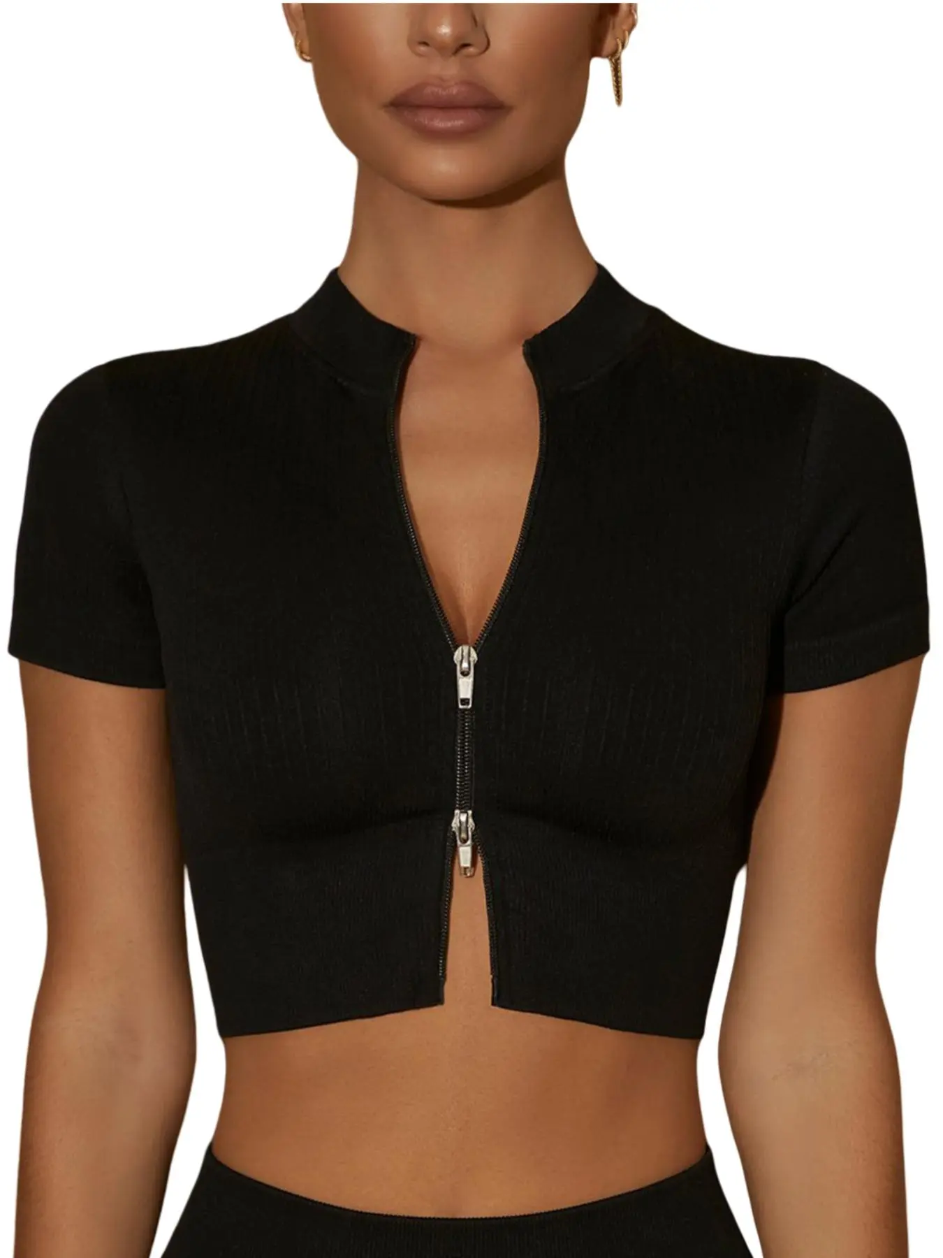 Women's Solid Zip Up Crop Blouse, Casual Breathable Comfortable Short Sleeve Collared Top for Yoga Gym Workout, Ladies Summer Clothes