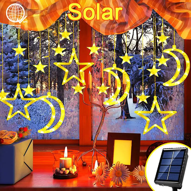Ligyetor Lampu Raya Solar Curtain Lights Star Moon String Light 8 Modes ...