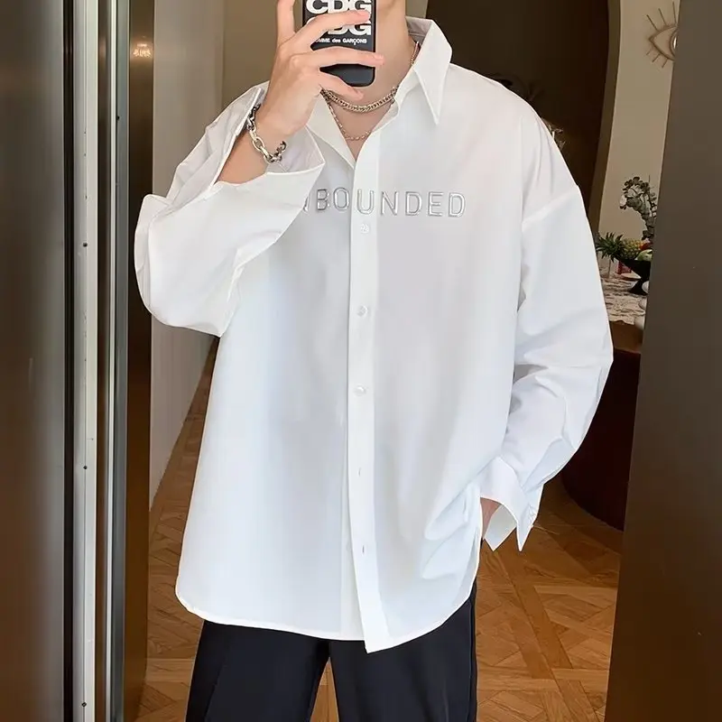 Áo Sơ Mi Nam Dài Tay Dài Nam Hàn Quốc Chất Liệu Lụa In Chữ UNBO UNDED Form Rộng 2 Màu Trắng Đen Menswear Shirt Clothes Có Cổ