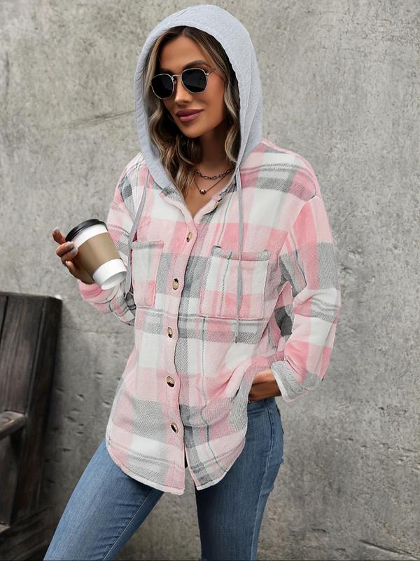 Women's Plaid Print Button Front Drop Shoulder Flannel Coat, Elegant Long Sleeve Drawstring Pocket Hooded Jacket for Fall & Winter, Women's Clothing for Daily Wear 3