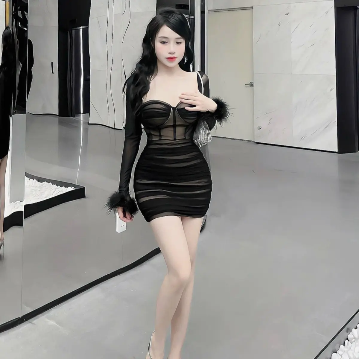 Váy thiết kế Body lưới tay lông vũ Nữ 3 màu sz S/M đen/trắng Voan Voi 896 Women Dress