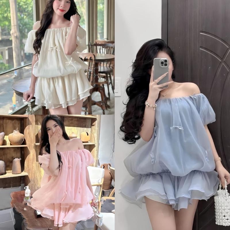 Váy babydoll trễ vai bo eo dáng xoè tay bồng chất voan tơ 2 lớp hồng canh be, Đầm chipu xoè hở vai đi chơi đi biển đẹp, SUKA SHOP 0