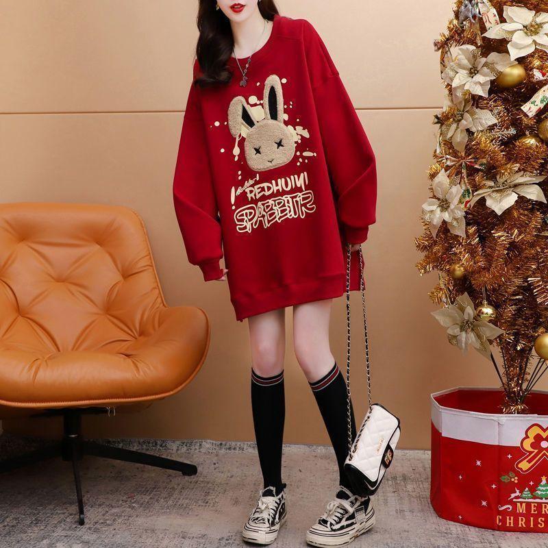 Product Introduction of Mid-Length Hoodie with Fleece 2024 Autumn Winter New Rabbit Print Loose Slimming Round Neck Casual Top Trendy Fasciitis 21