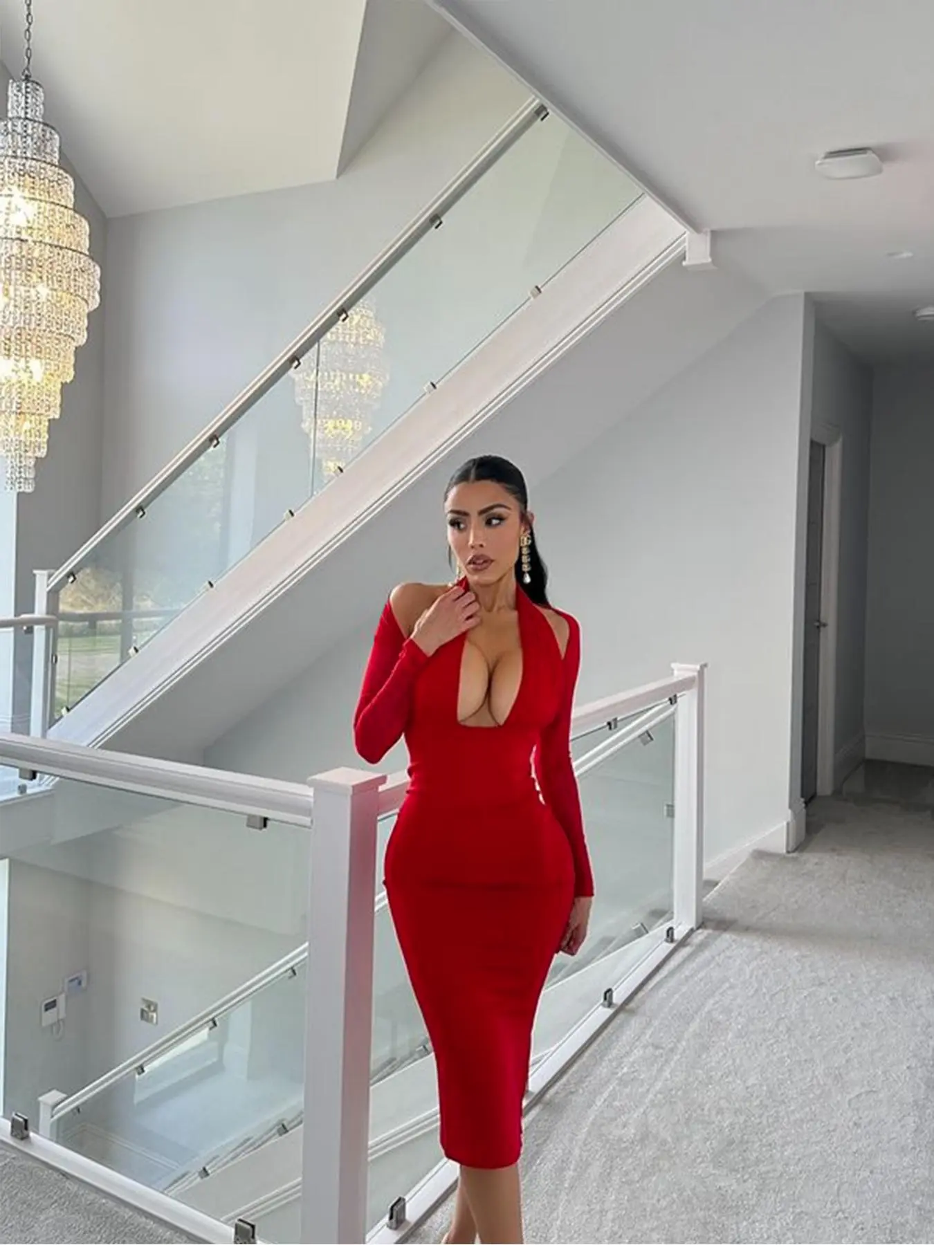 Women's Solid Long Sleeve Halter Neck Bodycon Dress, Fashion Casual Midi Dress for Party Club Dating Wear, Women Dress for Fall & Winter