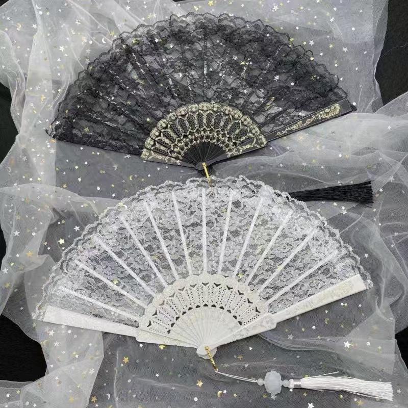 Product Introduction of Lace Folding Fan, Fashionable Handheld Fan with Tassel, Decorative Hand Fan for Dance, Party, Wedding, Home Decor, Masks 2