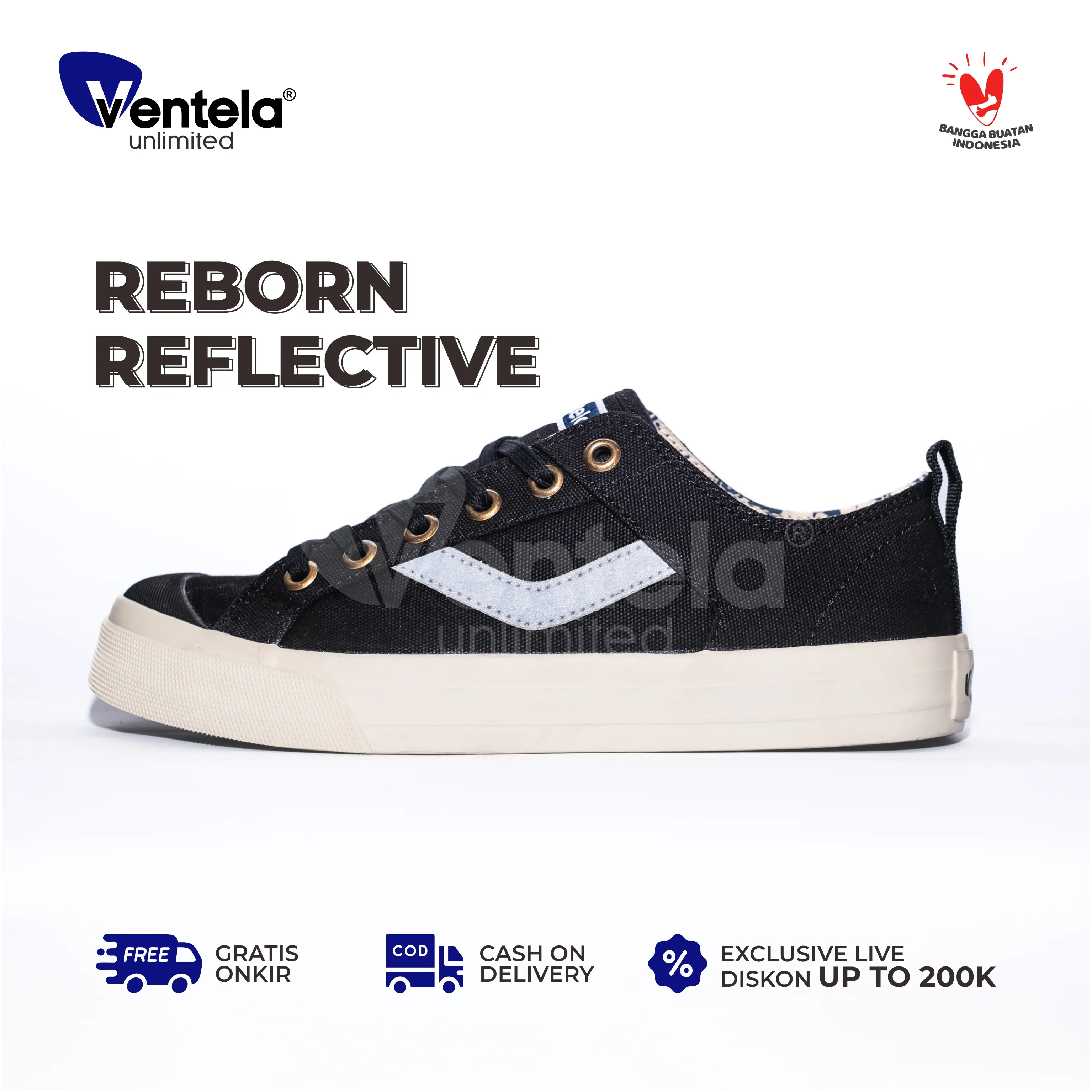Ventela Reborn Reflektive Black Sepatu Sneakers Canvas Shoes Casual