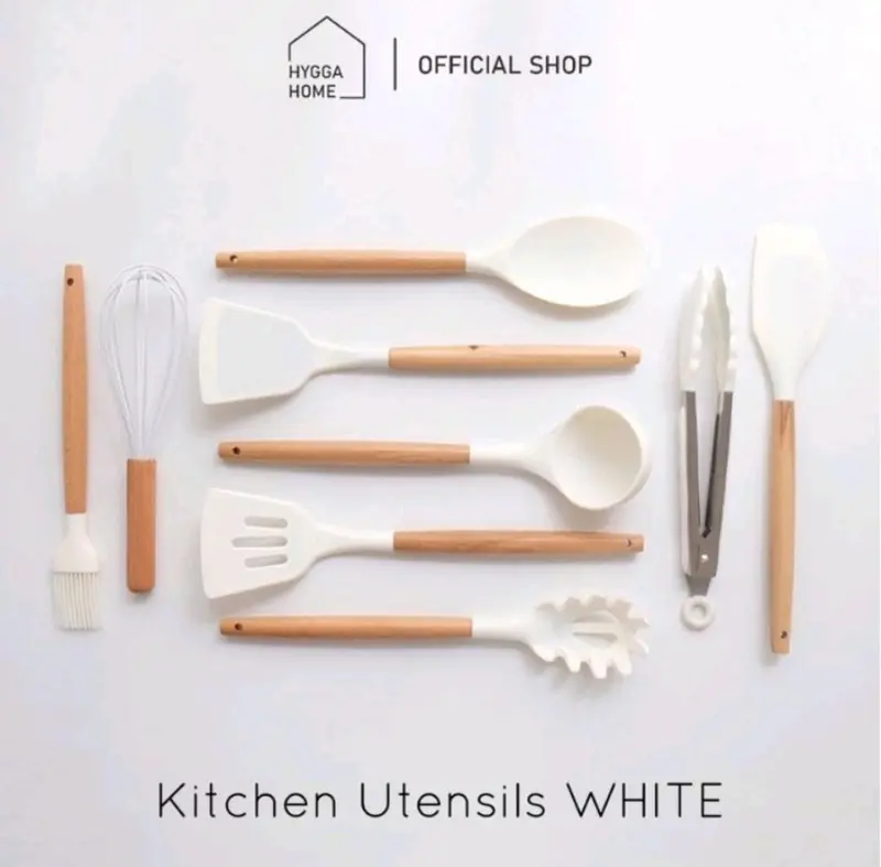 WHITE Silikon Sutil Pencapit Spatula Kuas Gagang Kayu Kitchen Utensils 1
