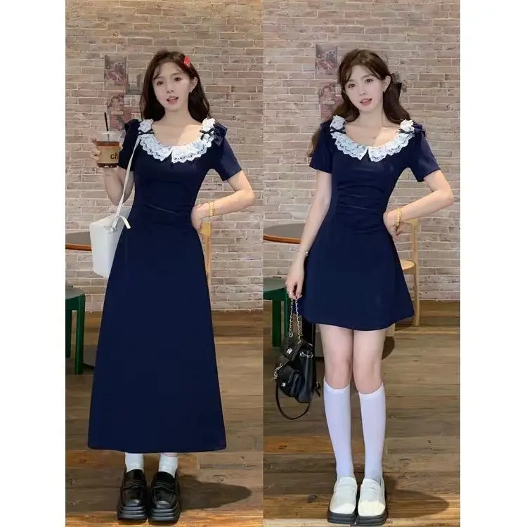 Sweet and Spicy Style Flying Sleeve Lace Stitching Dress Women's Summer Hot Girl Package Hip Short Sleeve A- line Skirt Cinched Short Dress Casual Womenswear Casual Womenswear Lingerie Comfort