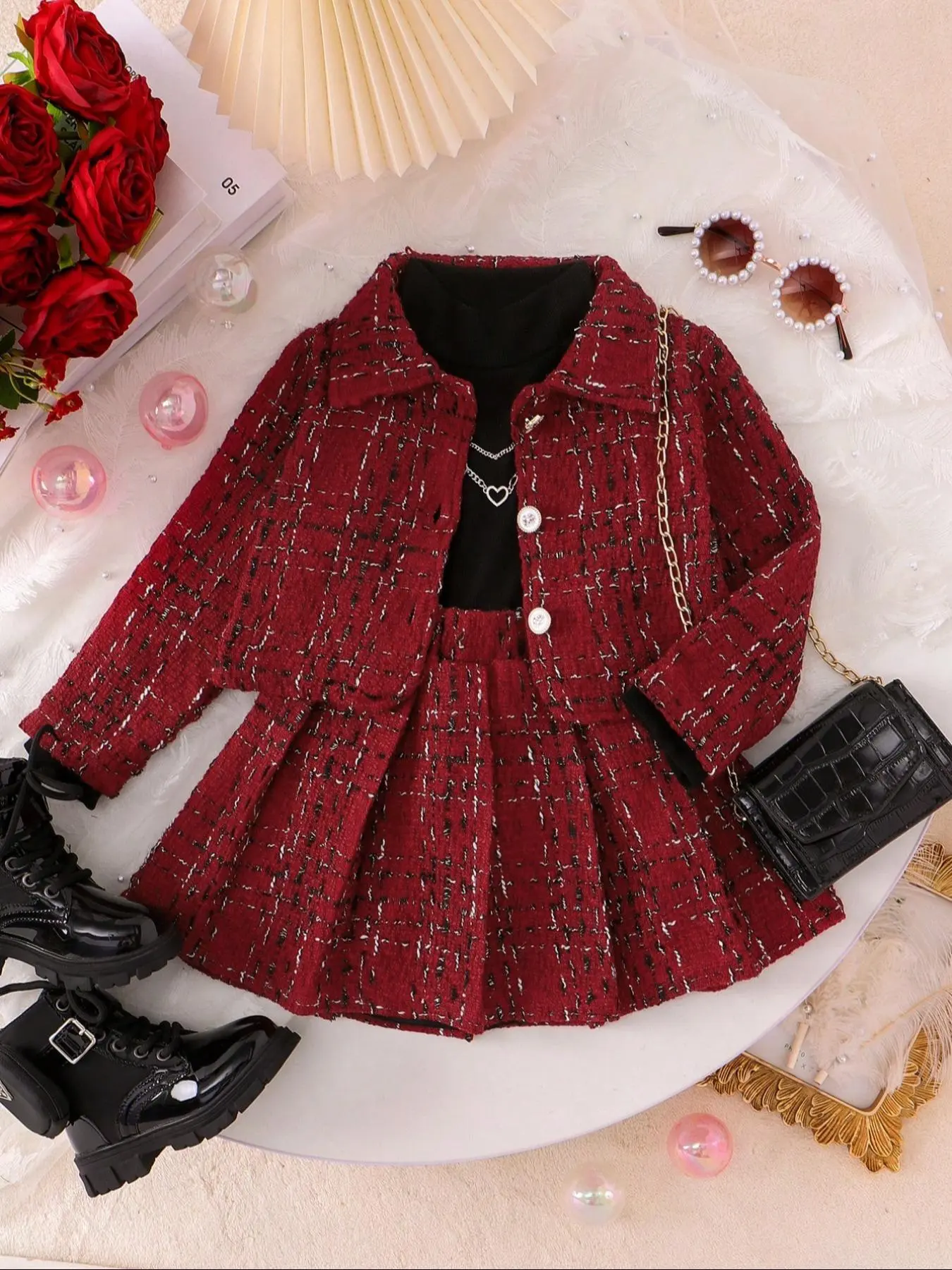 Three-Piece Set Girl's Solid Button Front Jacket & Tee & Pleated Skirt Set with Beret, Casual Street Fashion Long Sleeve Outerwear & Top & Short Skirt for Daily Outdoor Wear, Kids Clothes for Fall & Winter
