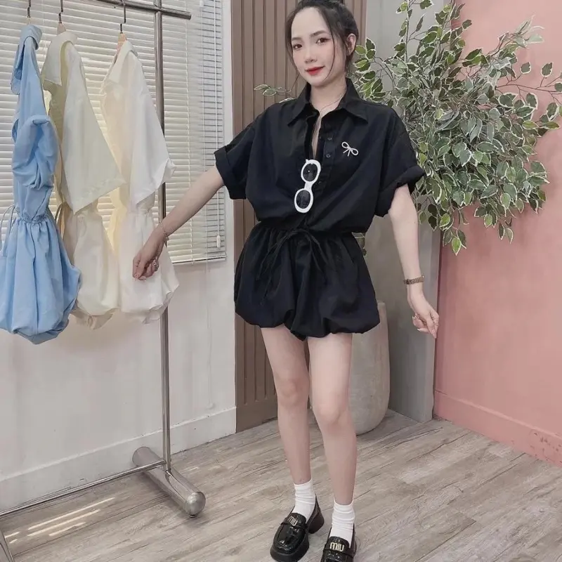 ￼Jumpsuit sơ mi trắng tùng bồng có quần bảo hộ , Đầm sơ mi kiểu nữa bo chun eo có dây buộc cao cấp [SẴN] DH STUDIO 4